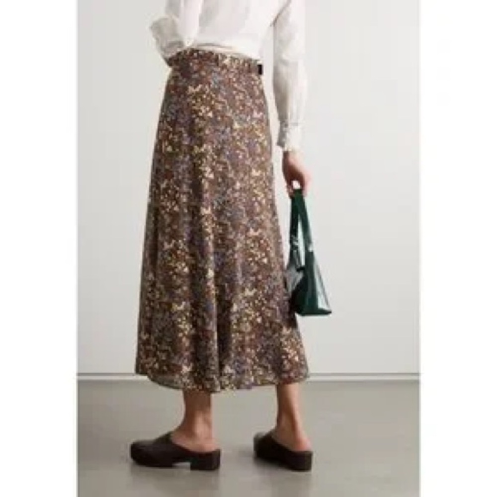 Reformation Brown Floral Midi Skirt with Blue & Cream Blossoms - Picture 3 of 13
